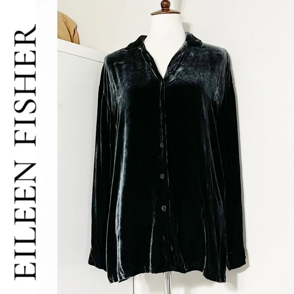 Eileen‎ Fisher Silk Blend Velvet Button Down Tunic Top Size Medium